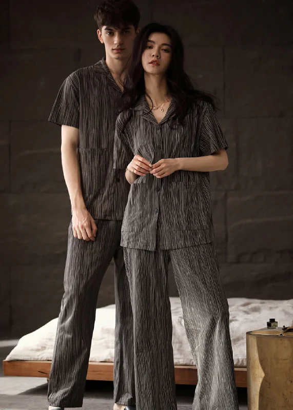 Casual Peter Pan Collar Striped Button Cotton Couple Pajamas Two Pieces Set Short Sleeve