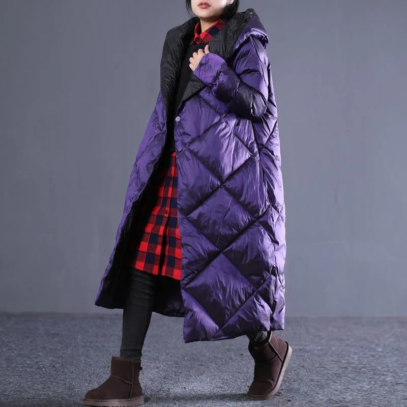 Casual Purple Winter Oversize Hooded Parka Pockets Zippered Cotton Overcoat