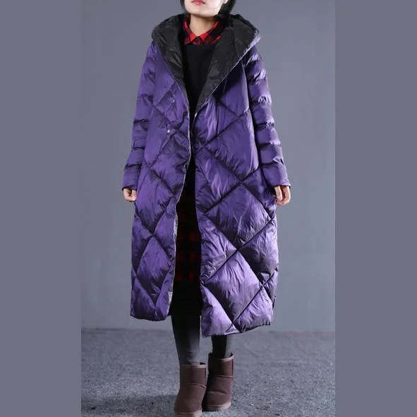 Casual Purple Winter Oversize Hooded Parka Pockets Zippered Cotton Overcoat