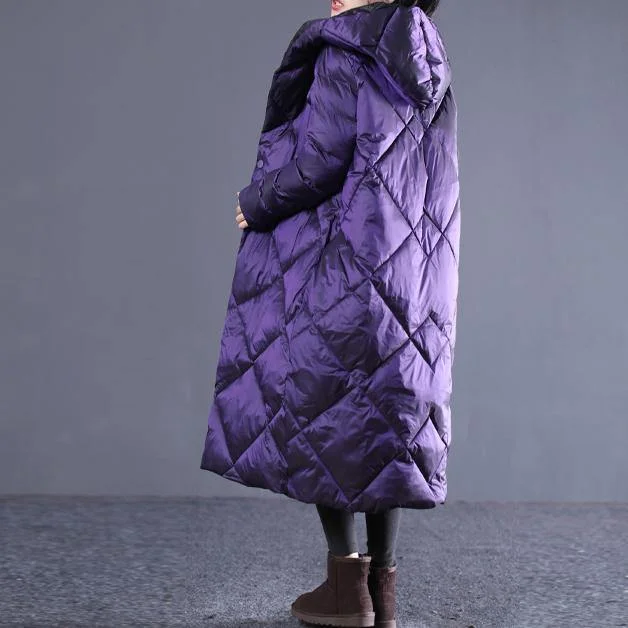 Casual Purple Winter Oversize Hooded Parka Pockets Zippered Cotton Overcoat