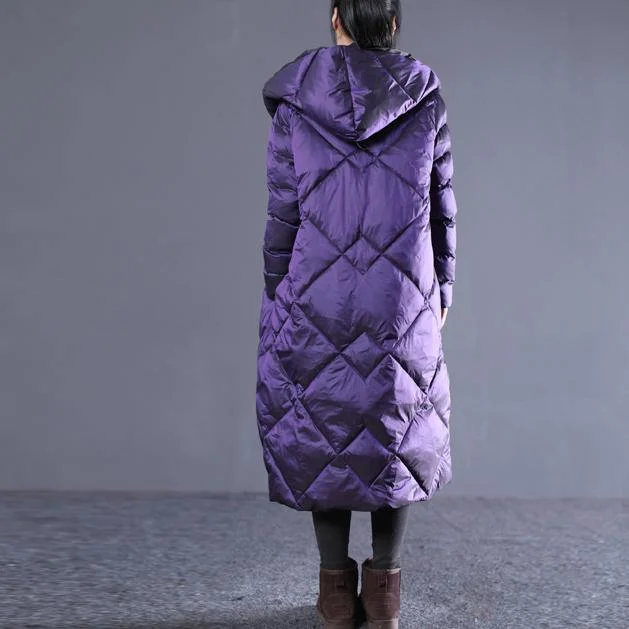 Casual Purple Winter Oversize Hooded Parka Pockets Zippered Cotton Overcoat