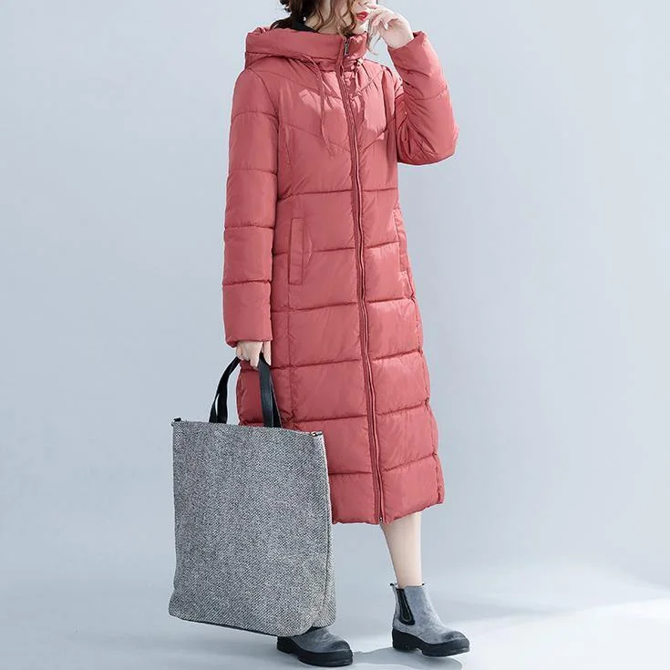 Casual red Winter Fashion plus size hooded cotton jacket women pockets zippered trench cotton coats