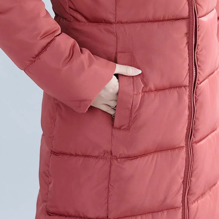 Casual red Winter Fashion plus size hooded cotton jacket women pockets zippered trench cotton coats