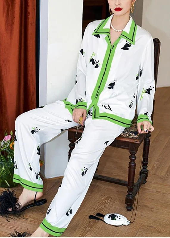 Casual White Peter Pan Collar Panda Print Ice Silk Pajamas Two Pieces Set Spring