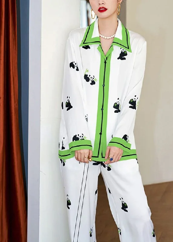 Casual White Peter Pan Collar Panda Print Ice Silk Pajamas Two Pieces Set Spring