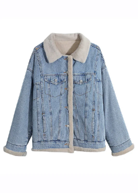 Chic Light Blue Peter Pan Collar Pockets Warm Fleece Denim Coats Long Sleeve