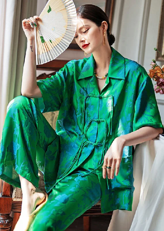 Chinese Style Green Chinese Button Side Open Ice Silk Pajamas Two Piece Set Women Clothing Spring