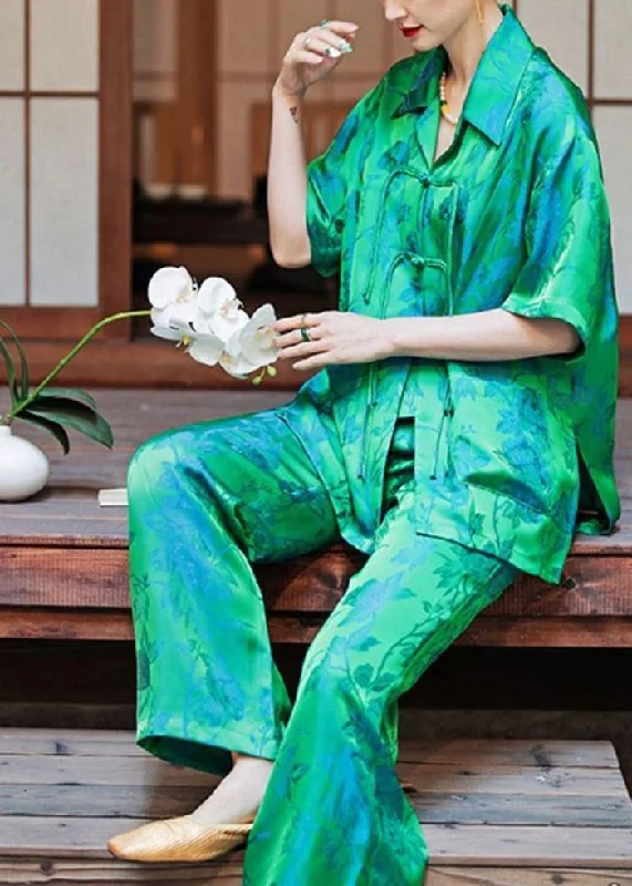 Chinese Style Green Chinese Button Side Open Ice Silk Pajamas Two Piece Set Women Clothing Spring