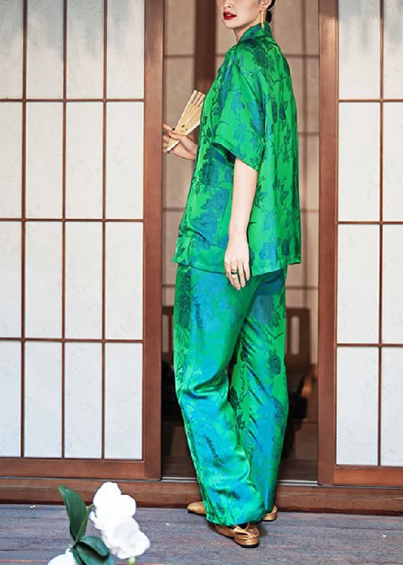 Chinese Style Green Chinese Button Side Open Ice Silk Pajamas Two Piece Set Women Clothing Spring