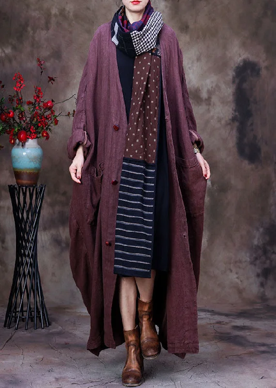 Coffee Solid Linen Trench Coat V Neck Handmade Floral Long Sleeve