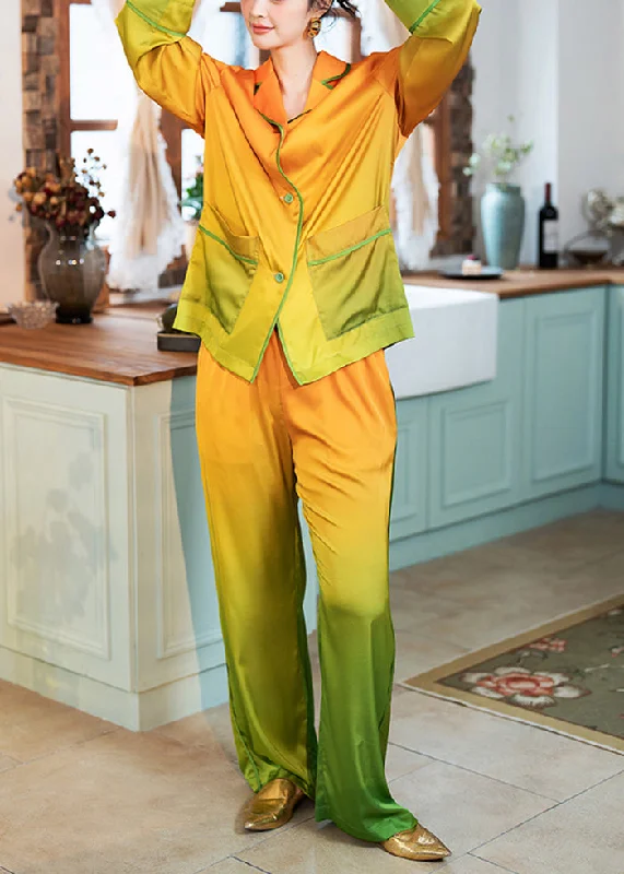 Elegant Orange Gradient Color Pockets Ice Silk Pajamas Two Piece Set Spring