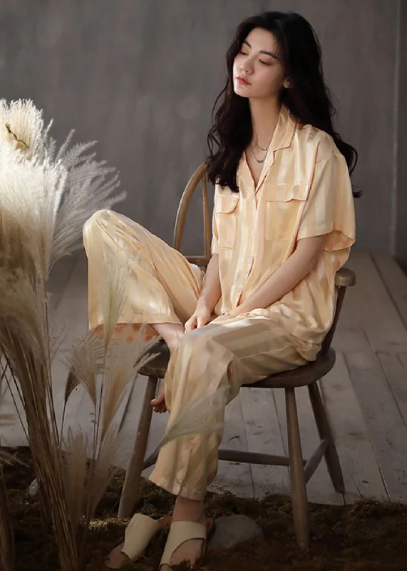 Elegant Yellow Striped Peter Pan Collar Button Ice Silk Pajamas Two Pieces Set Short Sleeve