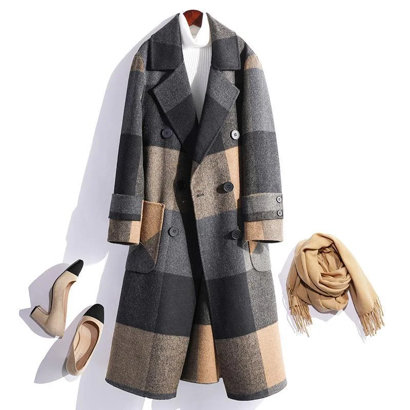 Fashion Plaid Wool Overcoat Oversized Medium Length Jackets Fall Women Coats Double Breast