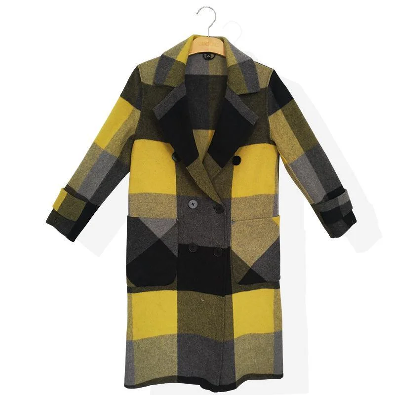 Fashion Plaid Wool Overcoat Oversized Medium Length Jackets Fall Women Coats Double Breast