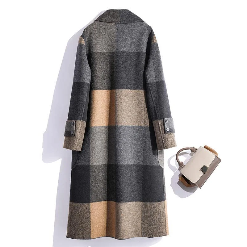 Fashion Plaid Wool Overcoat Oversized Medium Length Jackets Fall Women Coats Double Breast