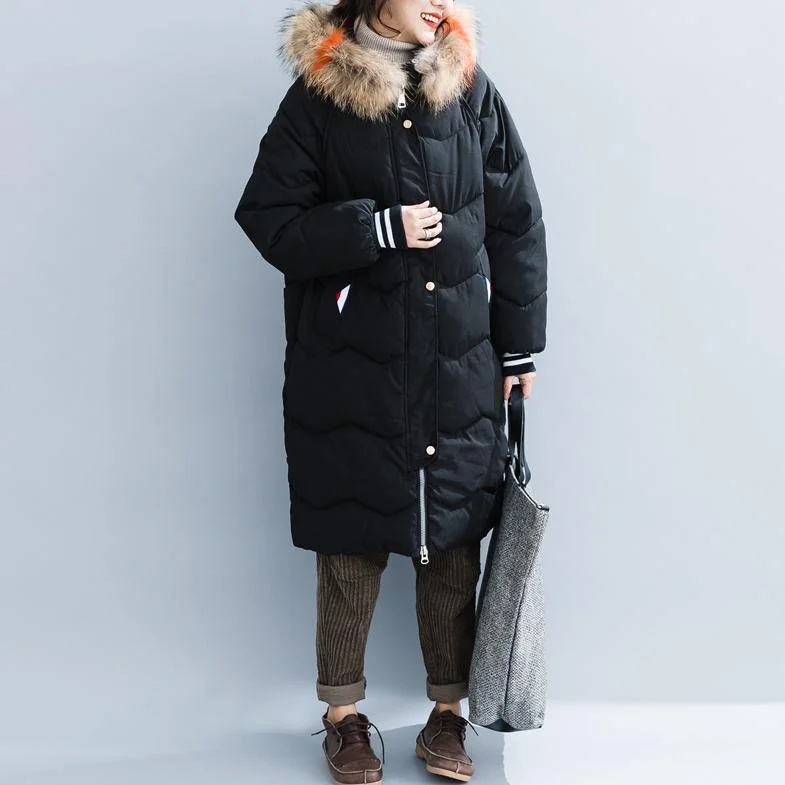 Fine black cotton coats plus size hooded fur collar Parka New pockets zippered cotton coats