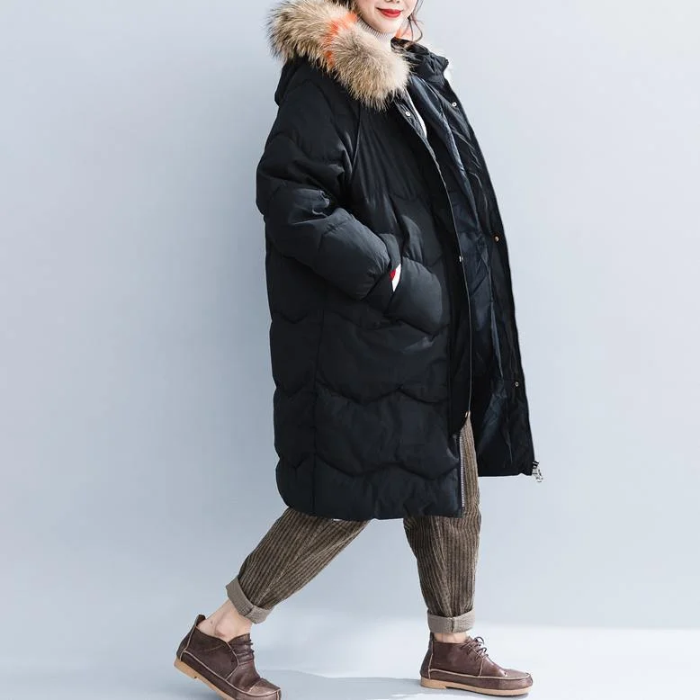 Fine black cotton coats plus size hooded fur collar Parka New pockets zippered cotton coats