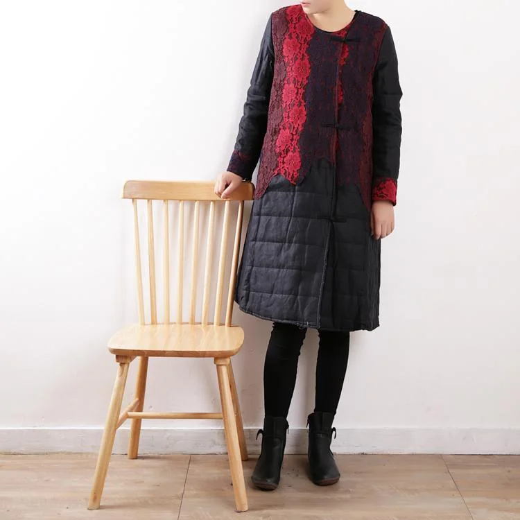 Fine black quilted coat plus size o neck patchwork lace cotton jacket Elegant Chinese Button outwear