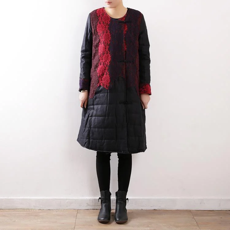 Fine black quilted coat plus size o neck patchwork lace cotton jacket Elegant Chinese Button outwear