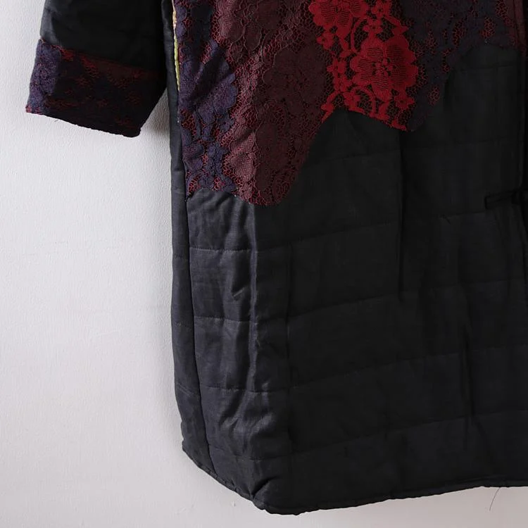 Fine black quilted coat plus size o neck patchwork lace cotton jacket Elegant Chinese Button outwear