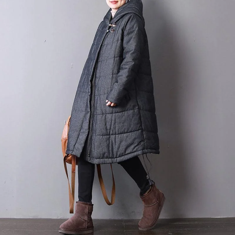 Fine dark gray women parka trendy plus size hooded drawstring top quality Chinese Button winter outwear