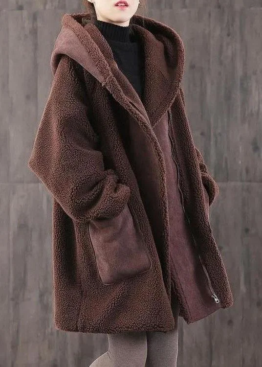 Fitted Coffee zippered Pockets Loose Thick Winter Long sleeve Hooded Coat