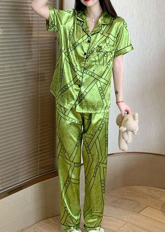 French Green Peter Pan Collar Ice Silk Two Piece Set Pajamas Summer