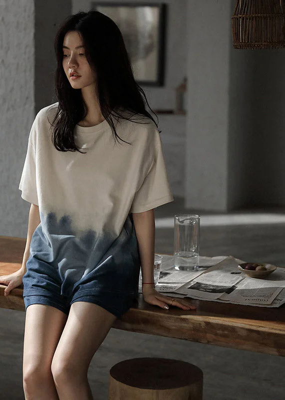 Gradient Color Blue O-Neck Print Cotton Pajamas Two Pieces Set Summer