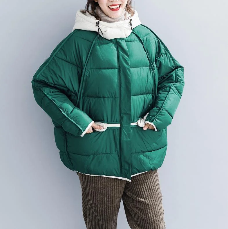 Green Cotton Jacket Plus Size Clothing Hooded Drawstring Thick Pockets Zippered Cotton Jackets