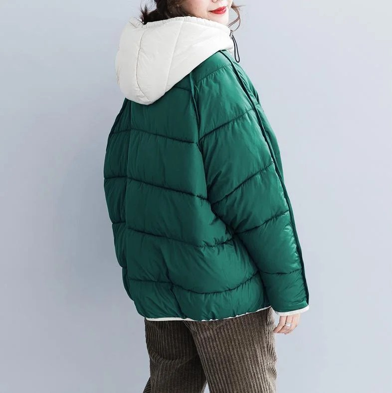 Green Cotton Jacket Plus Size Clothing Hooded Drawstring Thick Pockets Zippered Cotton Jackets