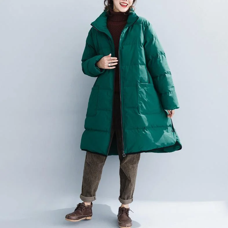 green cotton overcoat trendy plus size stand collar zippered top thick quality pockets cotton coats