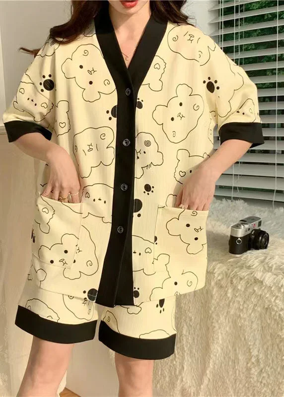 Handmade Black V Neck Print Cotton Pajamas Sets 2 Pieces Summer