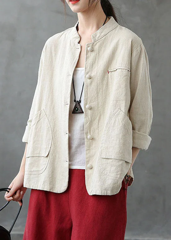 Italian Beige Stand Collar Pockets Patchwork Linen Coats Spring