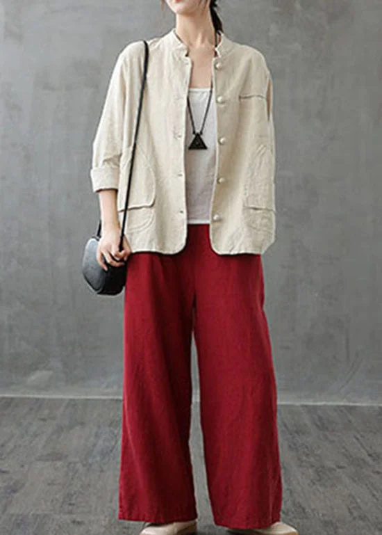 Italian Beige Stand Collar Pockets Patchwork Linen Coats Spring