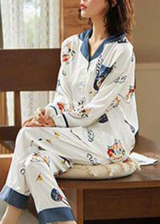 Italian Blue Peter Pan Collar Print Ice Silk Pajamas Two Pieces Set Summer