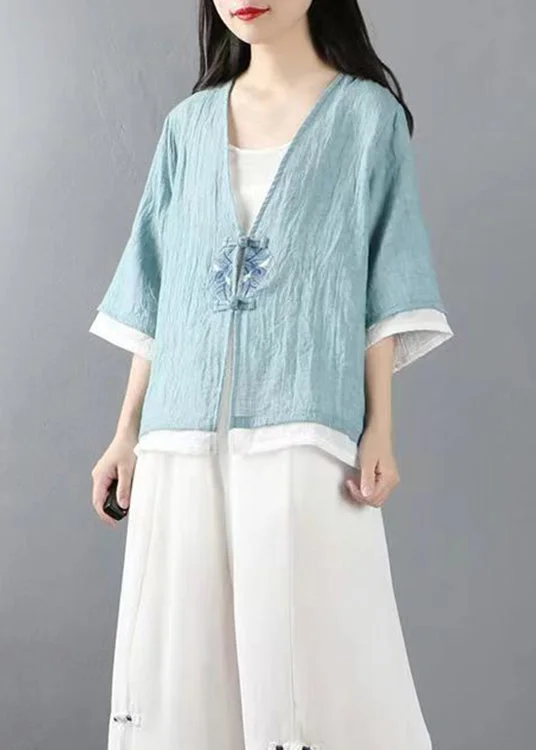 Light Blue Button Patchwork Linen Tops Coats V Neck Half Sleeve