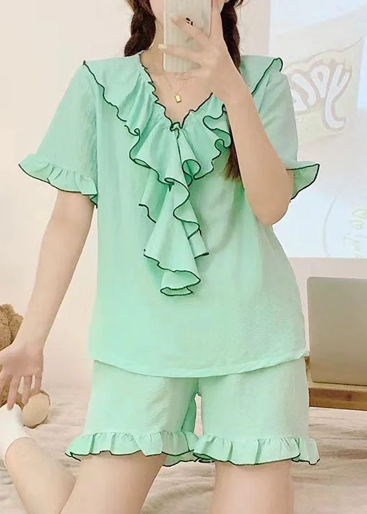 Light Green Patchwork Knitting Cotton Pajamas Two Pieces Set Ruffled Summer