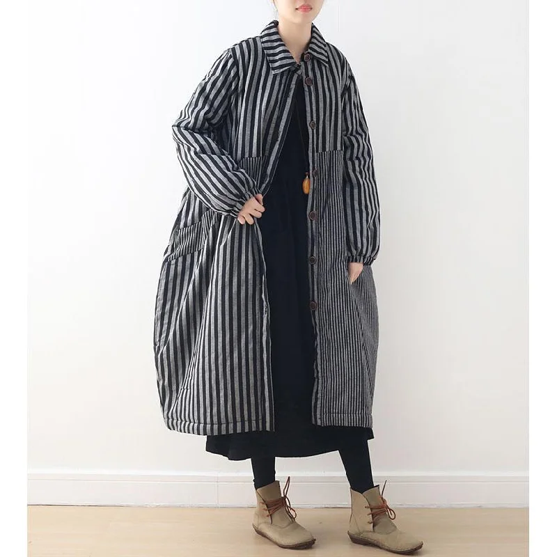 Luxury gray striped winter parkas plus size turn-down Collar winter top quality patchwork overcoat