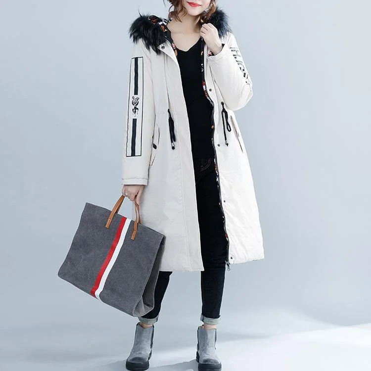 Luxury white Parka Loose fitting hooded fur collar Letter quilted coat Casual tie waist pockets cotton coats