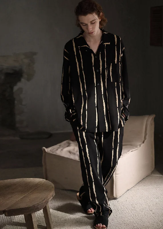 Man Black Yellow Peter Pan Collar Striped Button Cotton Pajamas Two Pieces Set Long Sleeve