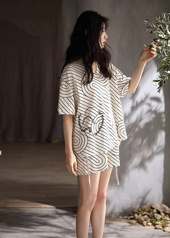 Modern Black White Striped V Neck Low High Design Cotton Pajamas Two Pieces Set Summer