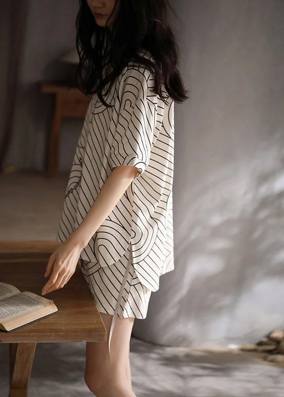 Modern Black White Striped V Neck Low High Design Cotton Pajamas Two Pieces Set Summer