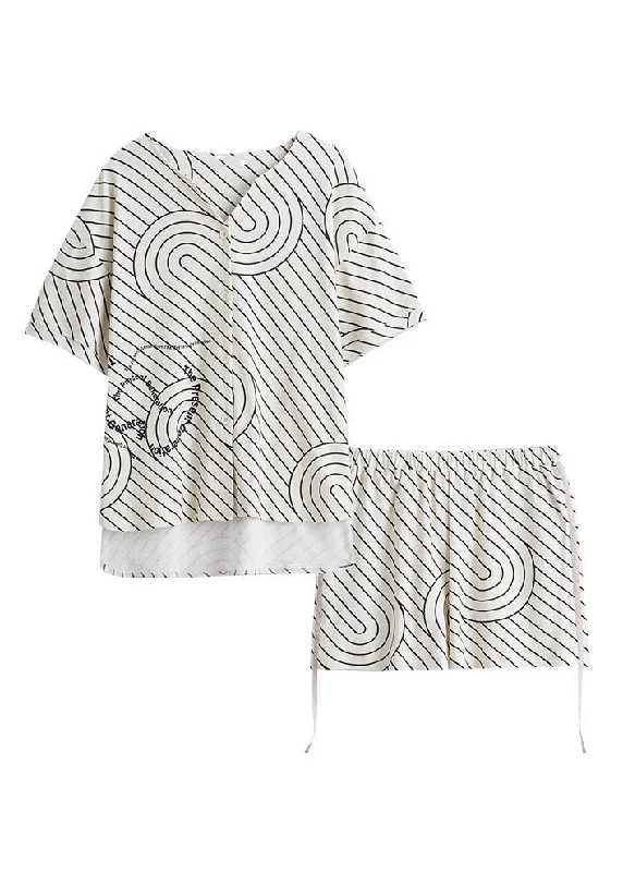 Modern Black White Striped V Neck Low High Design Cotton Pajamas Two Pieces Set Summer