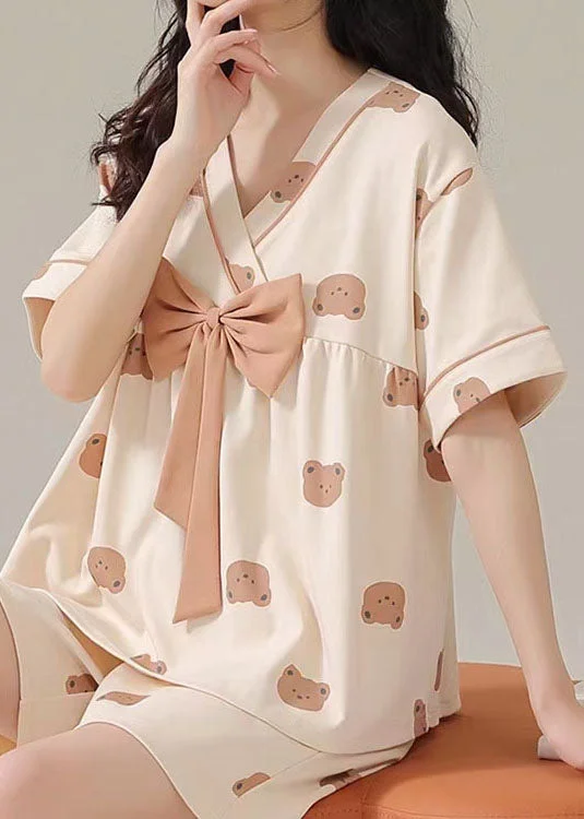 Organic Khaki V Neck Bow Patchwork Cotton Pajamas Two Pieces Set Summer