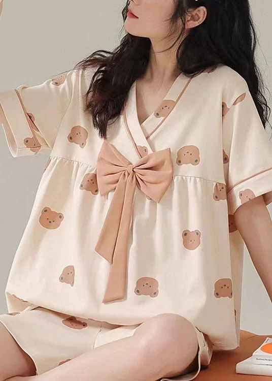 Organic Khaki V Neck Bow Patchwork Cotton Pajamas Two Pieces Set Summer