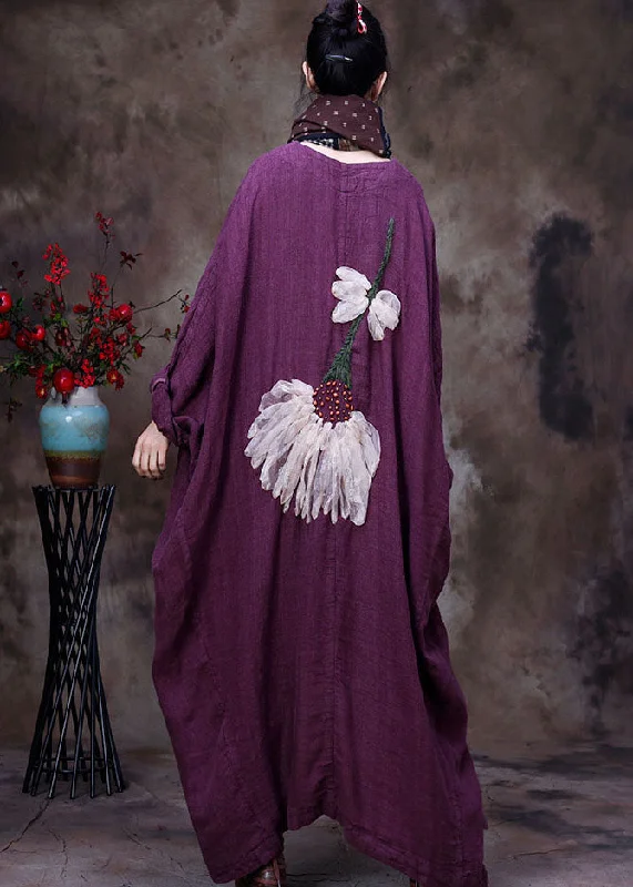 Plus Size Purple V Neck Floral Linen Coat Outwear Long Sleeve