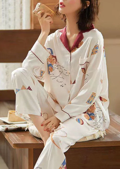 Red Patchwork Ice Silk Pajamas Two Pieces Set Peter Pan Collar Summer