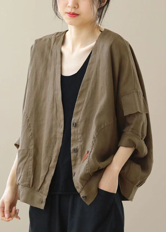 Retro Coffee V Neck Pockets Button Patchwork Linen Cardigan Coat Fall