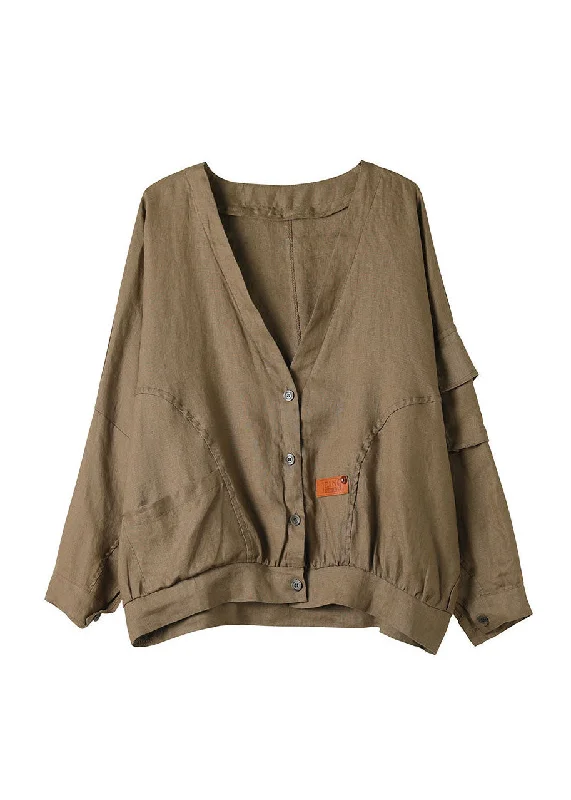 Retro Coffee V Neck Pockets Button Patchwork Linen Cardigan Coat Fall