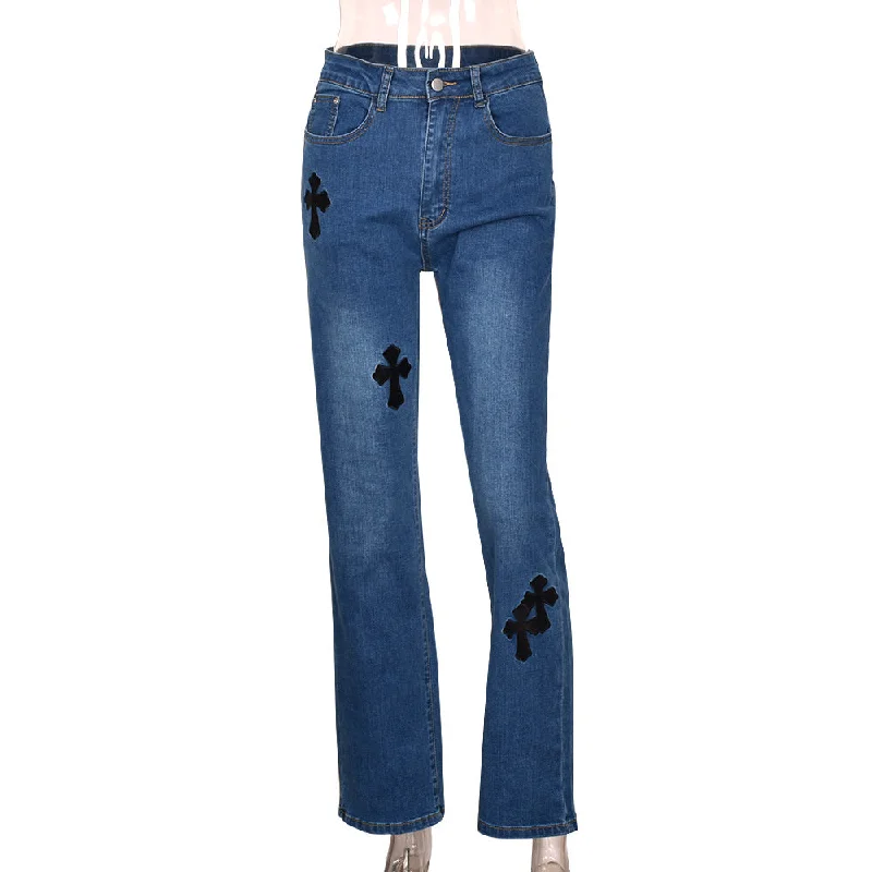 Amy Fashion - Casual Cross Printed Baggy Jeans